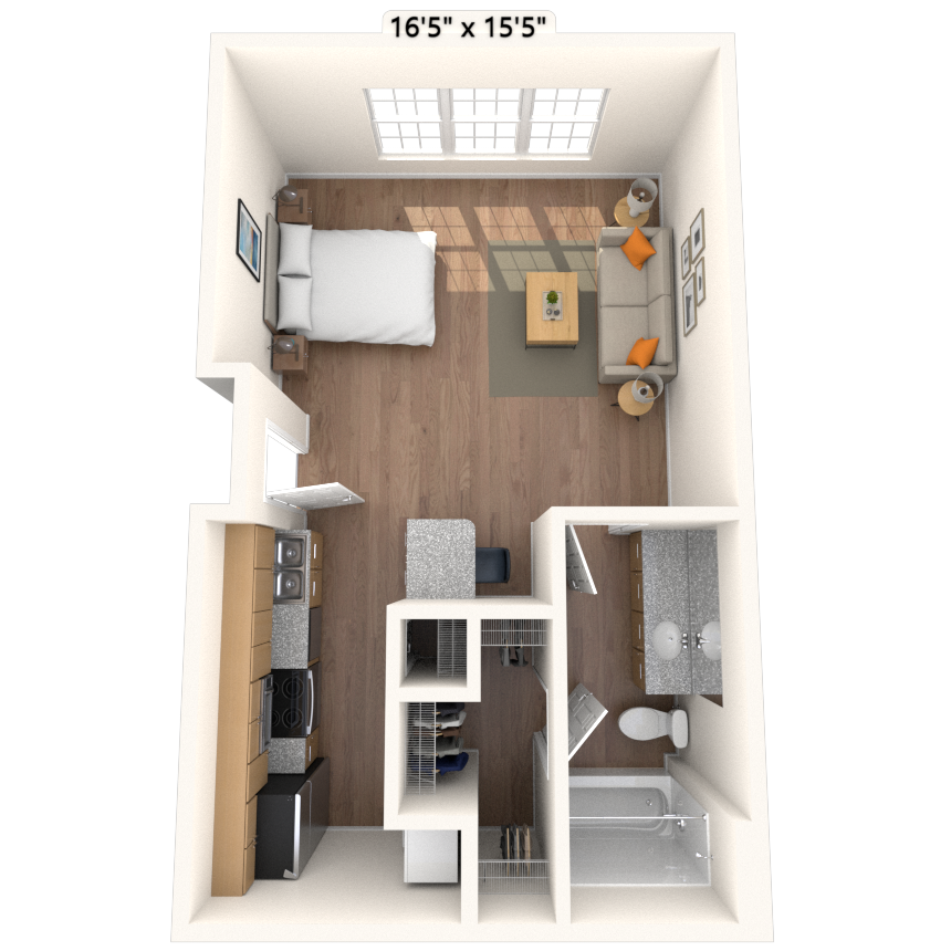 Floor plan for studio, 1 bath, 489 sqft